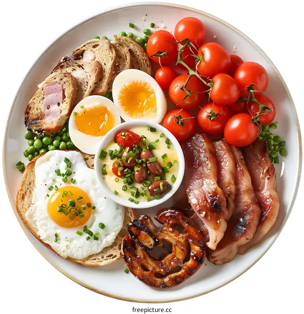 Delicious breakfast plate with bacon, eggs, and vegetables