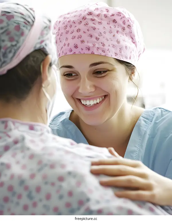Smiling Nurse Reassures Patient in Hospital Room