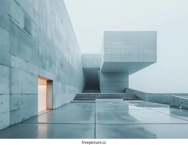 Modern concrete architecture with large staircase and entrance