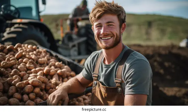 Happy farmer with his potato harvest