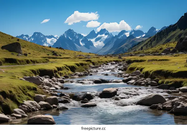 rocks in a river flowing through a valley with snow capped mountains in the distance