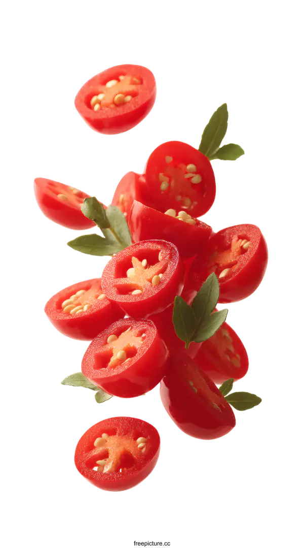 [Transparent Background PNG]Sliced Tomatoes in Mid-Air with Fresh Herbs