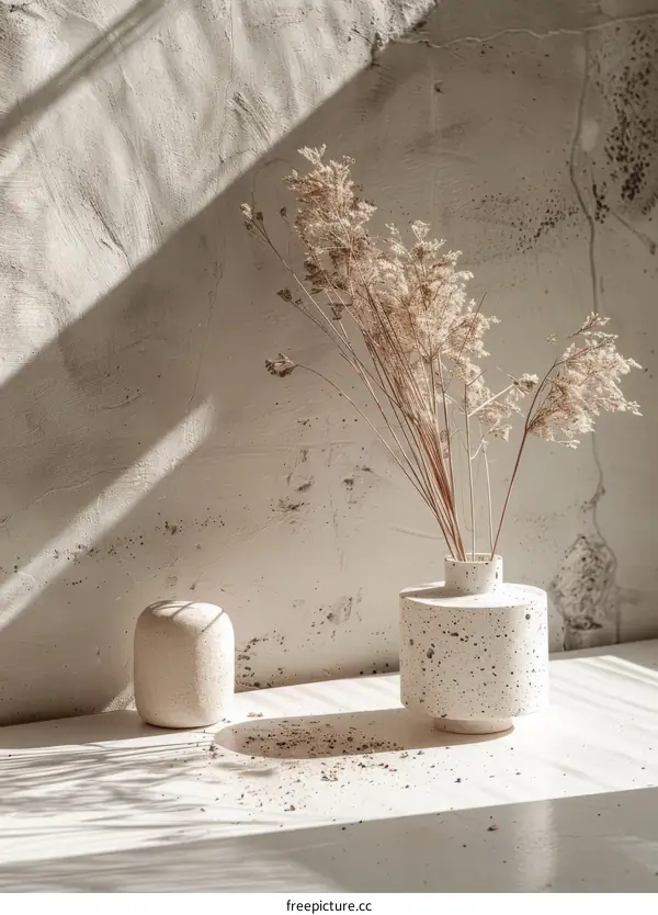 Dried flowers in a ceramic vase set against a textured background