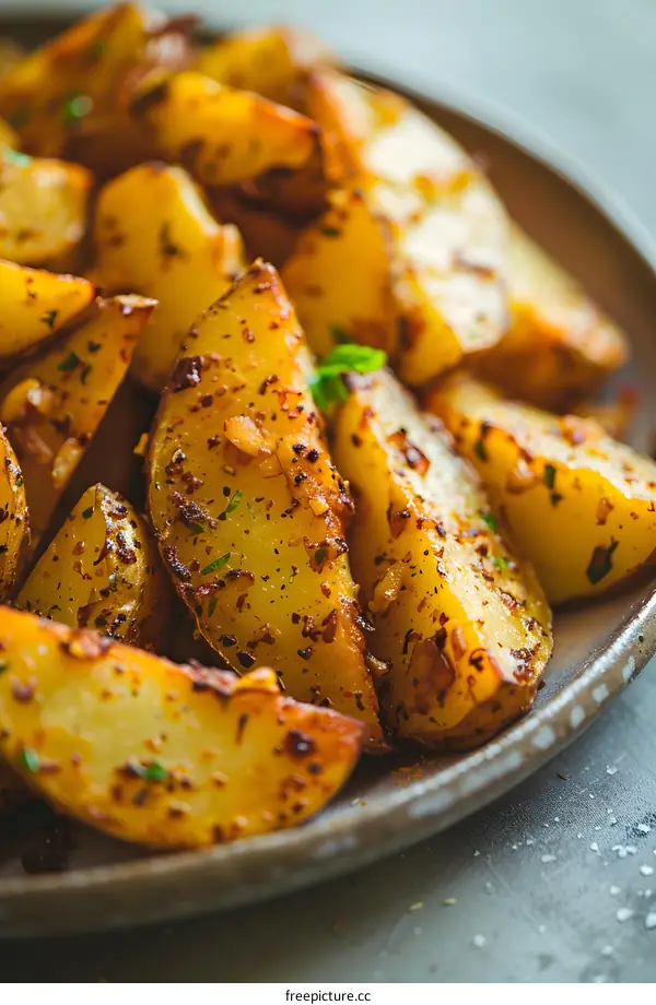 Close Up of Seasoned Baked Potato Wedges