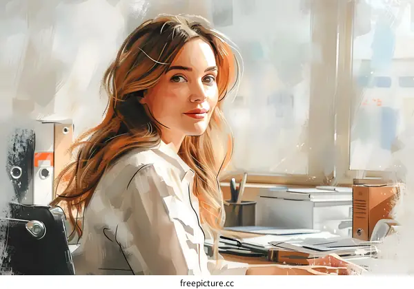 Woman with Long Blonde Hair Sitting at Desk in Office