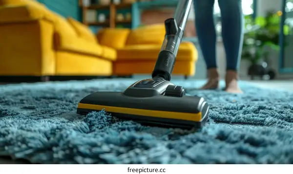 A woman is vacuuming the blue carpet in the living room