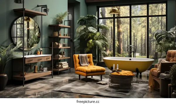 Bathroom with a large yellow bathtub and a green wall