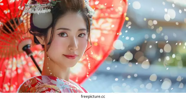 Portrait of a beautiful Japanese woman in traditional kimono holding a red umbrella