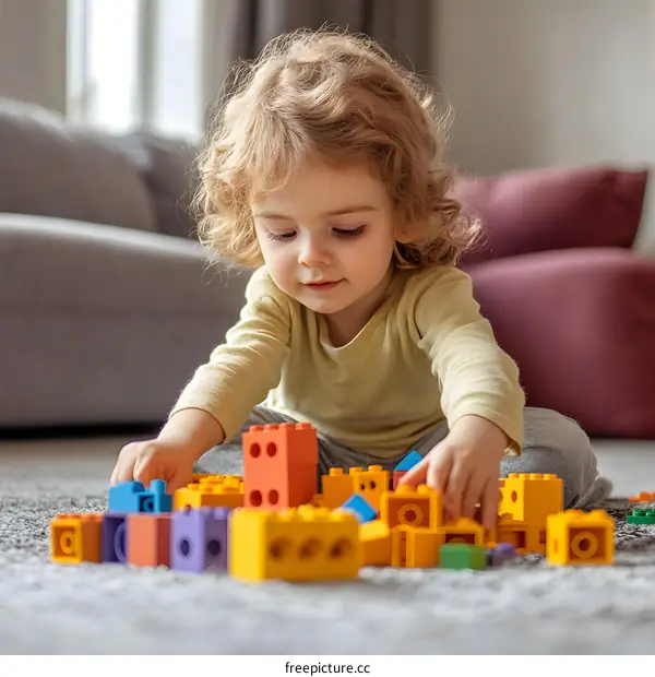 Little Girl Playing with Colorful Building Blocks on Floor