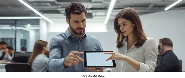 Business Partners Discussing Strategy on Tablet in Office