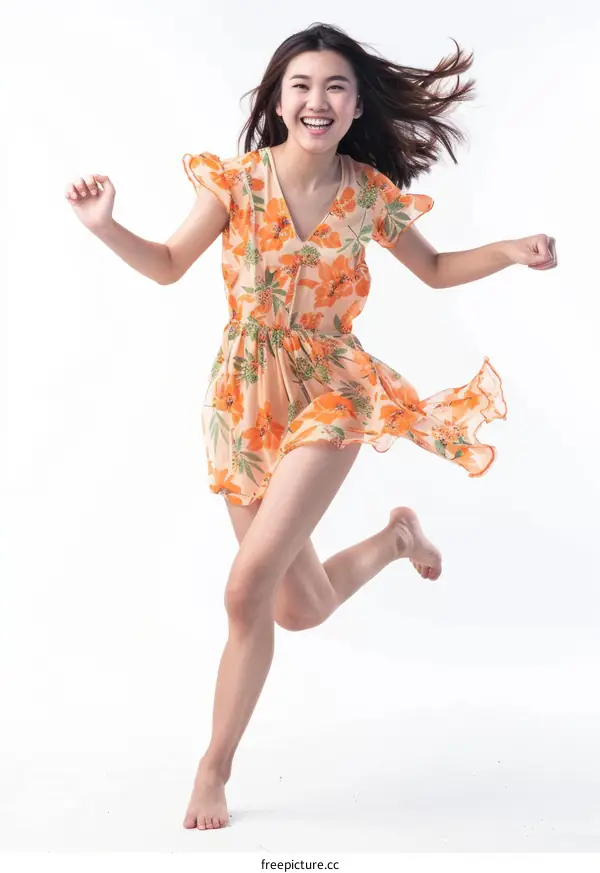 A young Asian woman in a floral dress is running barefoot and smiling.