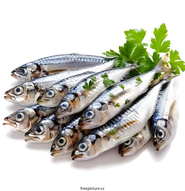 A group of fresh sardines on a white background