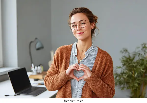 Smiling Woman Making Heart Shape with Hands in Office