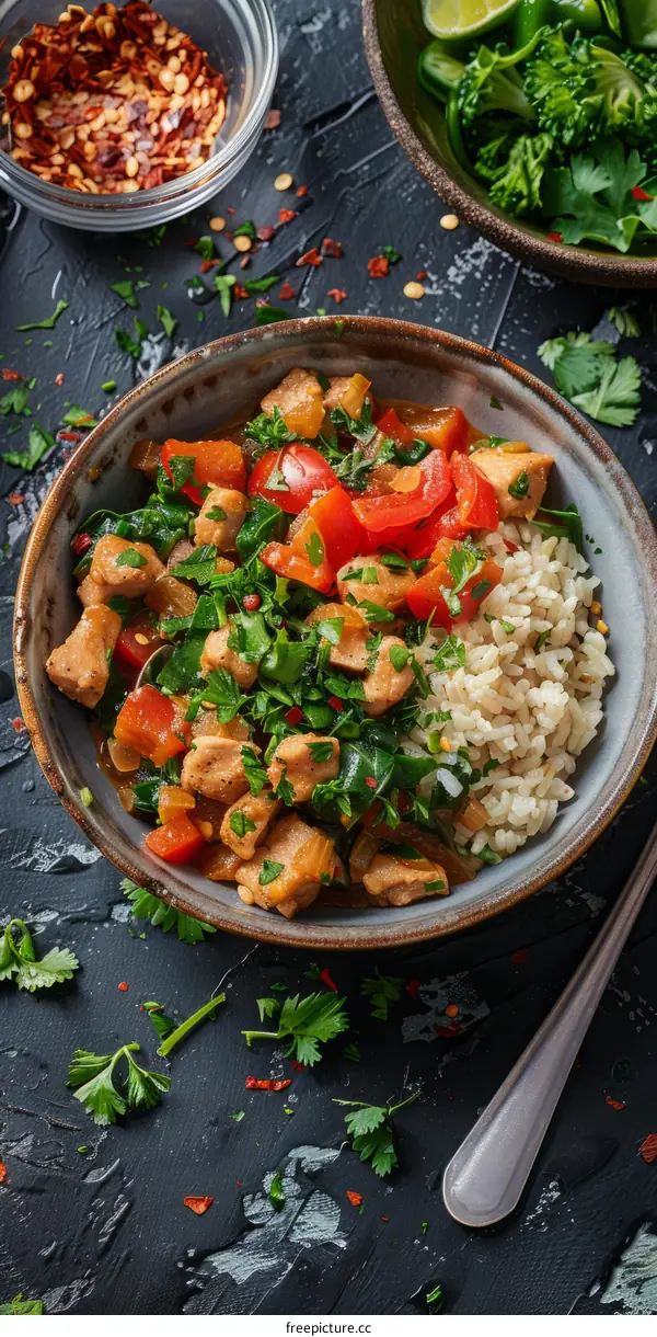 Chicken curry with spinach, tomatoes and peppers