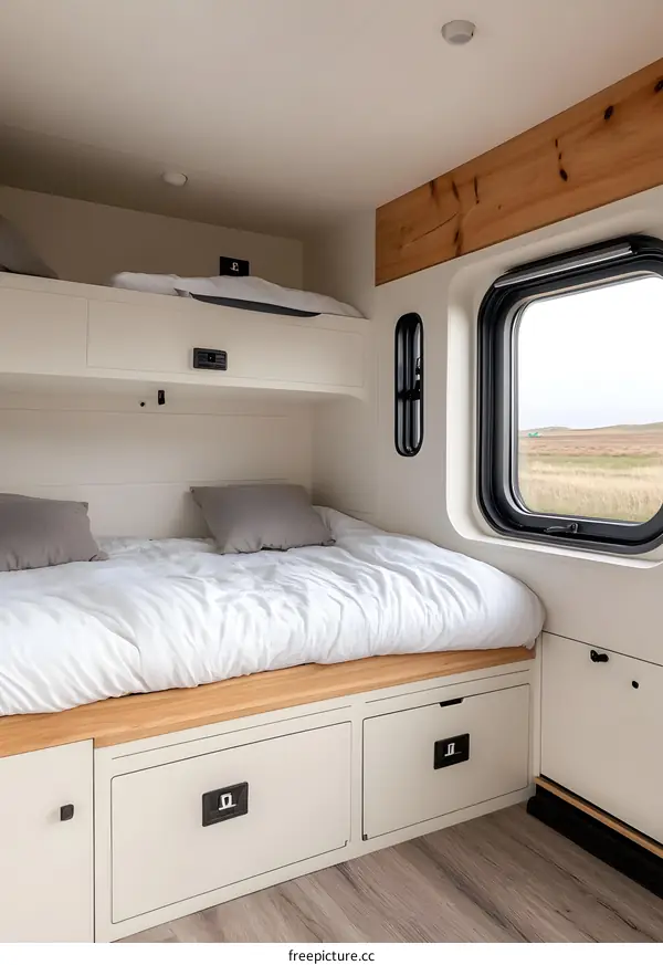 Modern RV Interior With Bunk Bed and Large Window