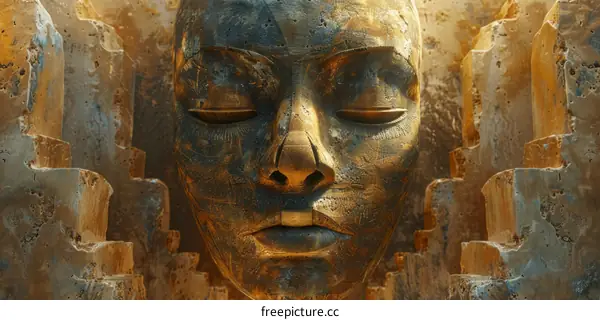 Golden mask with closed eyes in front of golden background