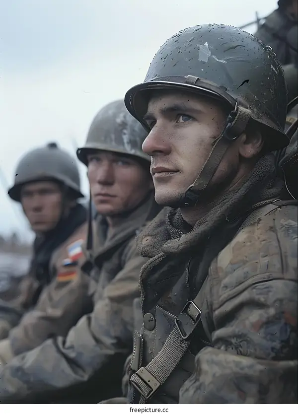 Three American soldiers in a foxhole during the Korean War.
