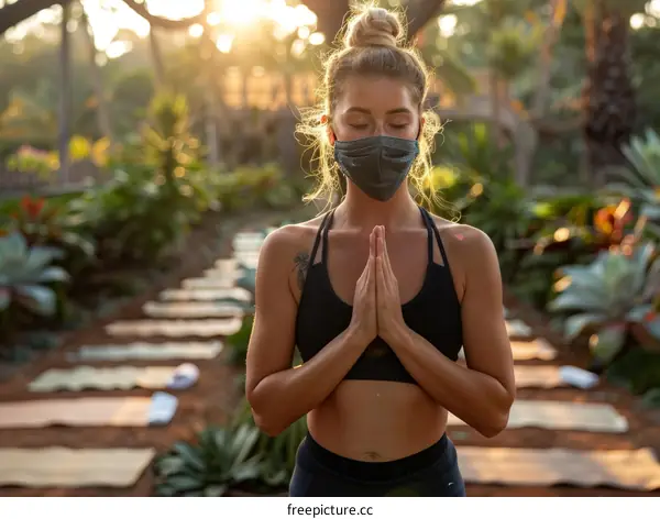 A woman wearing a mask is doing yoga in a tropical setting