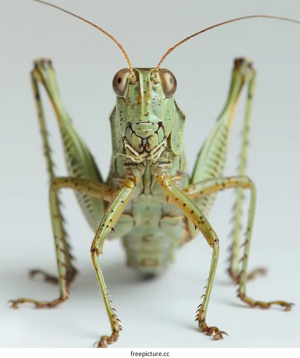 A green katydid on a white background