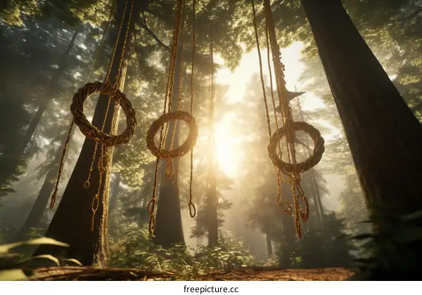 Three wooden rings hang from ropes in a misty forest
