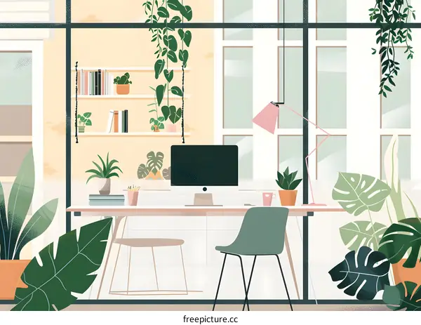 Modern Minimalist Home Office Interior Design with Plants
