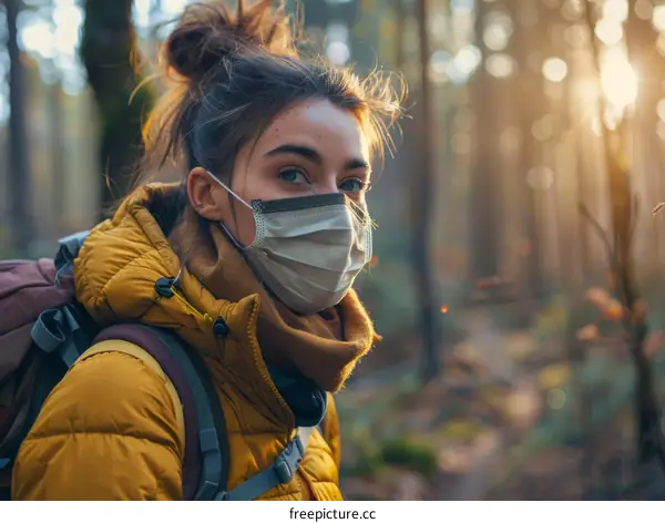 Young woman wearing a mask hiking in the woods
