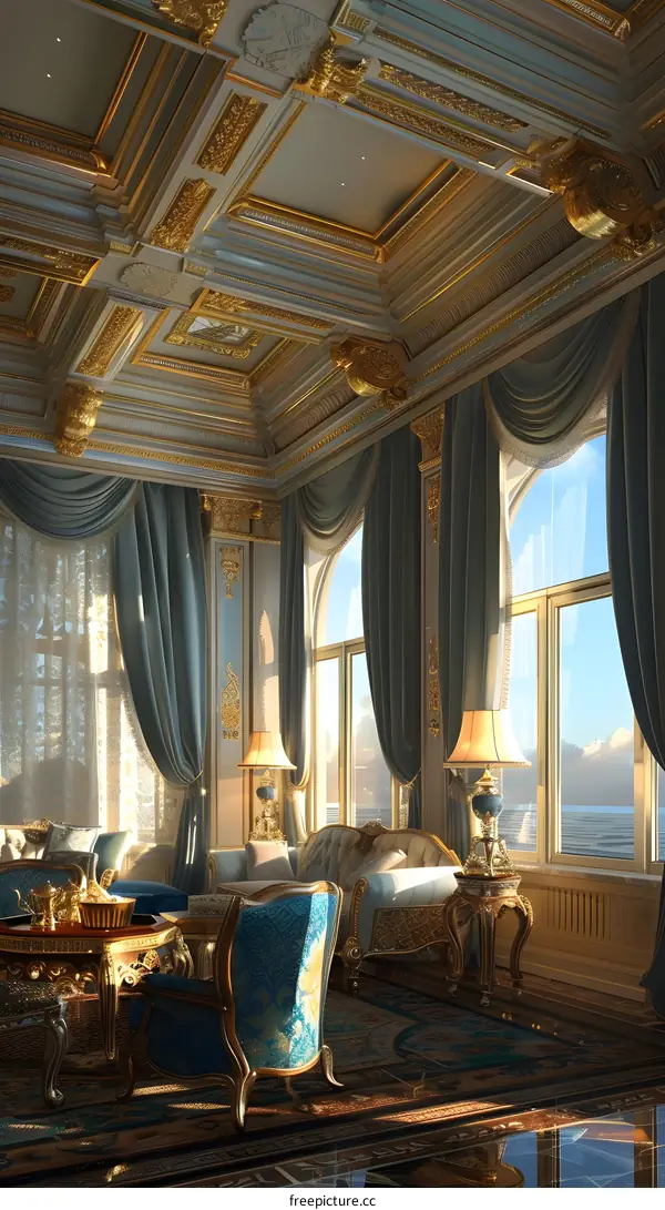 Elegant Living Room With Gold Trim And Blue Curtains