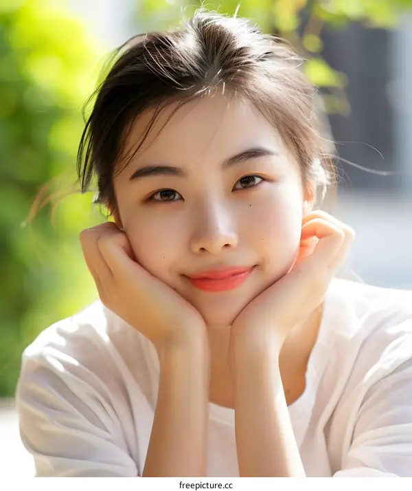 Young Asian Woman Smiling at Camera Outdoor