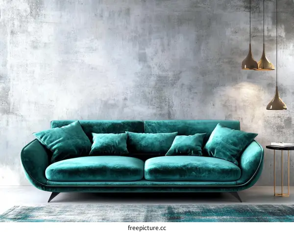 Teal Velvet Sofa in Modern Concrete Living Room