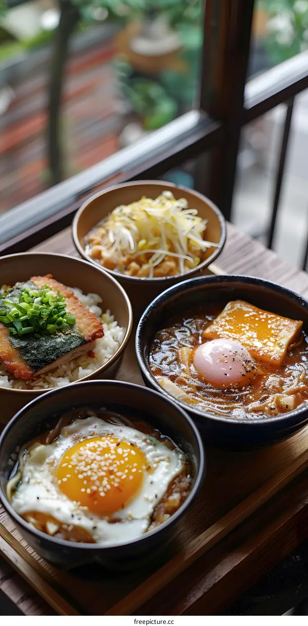 A delicious Japanese meal with rice, fish, and egg