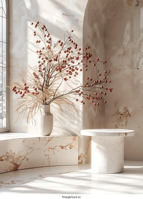 Minimalistic interior with a decorative branch with berries