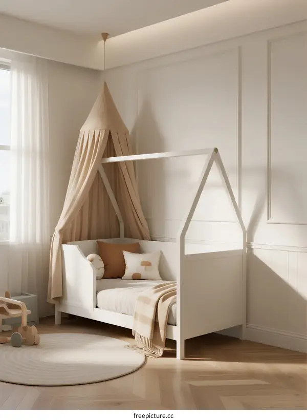 Modern Minimalist Children's Room with White Bed and Canopy