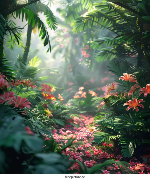 Tropical Rainforest Path with Towering Trees and Vibrant Plant Life