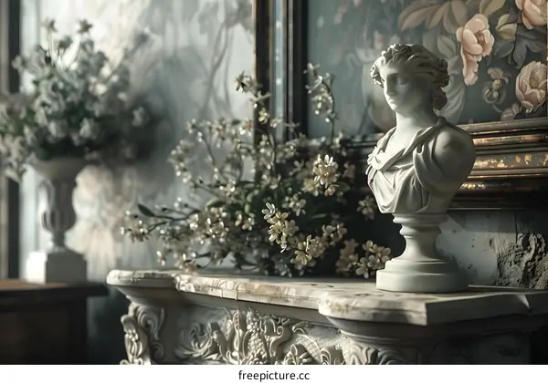 Bust sculpture and flower arrangement