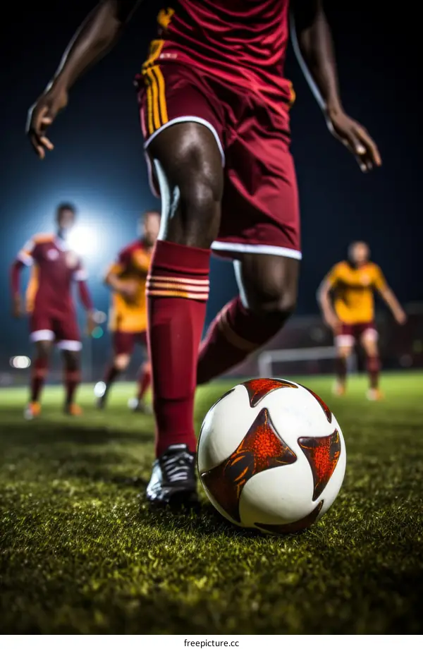 Black soccer player kicking ball with other players blurred in background