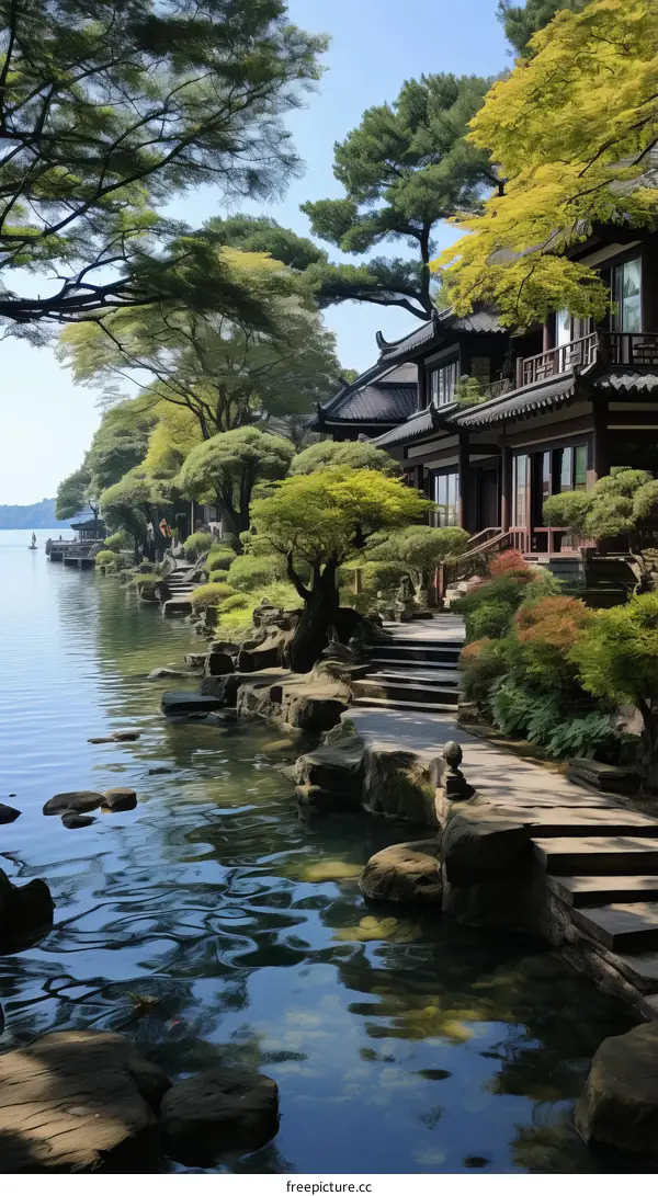 chinese traditional courtyard house near lake