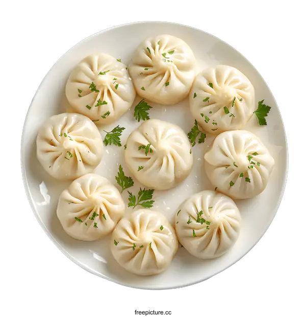 [Transparent Background PNG]dumplings with greens on a white plate