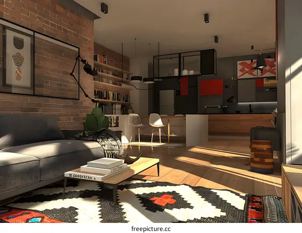 Modern Loft Living Room with Exposed Brick Wall and Minimalist Decor