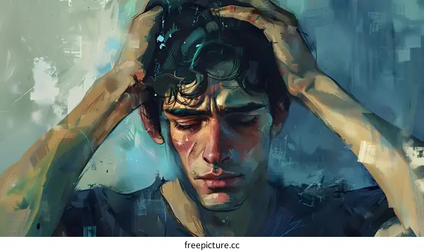 A portrait of a man with his hands in his hair