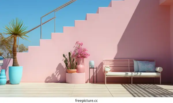 pink stairs and pink wall with plants and a bench
