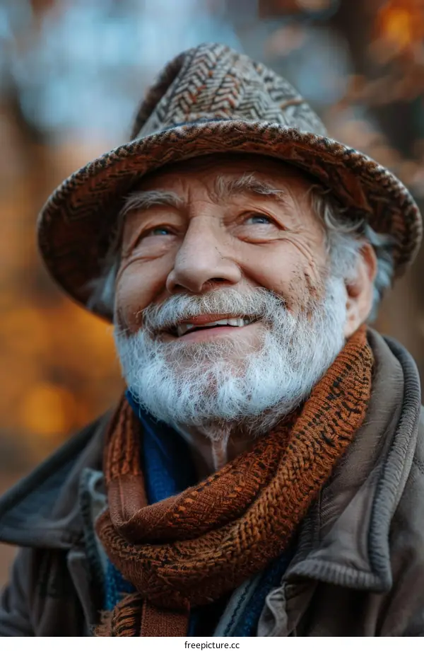 Smiling Senior Man in a Hat and Scarf Outdoors