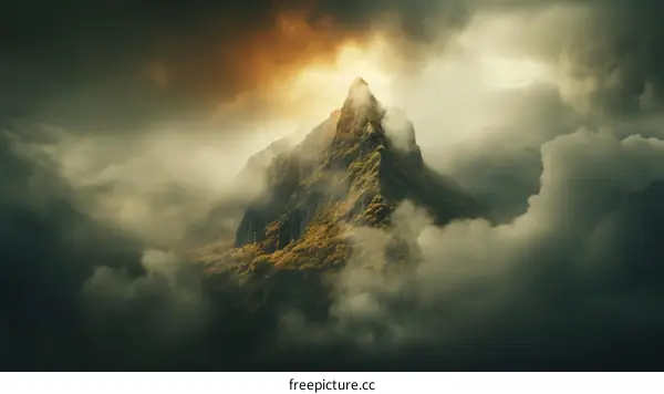 Mystical mountain landscape with clouds and mist