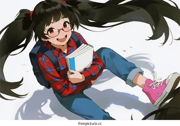 A cheerful young girl with pigtails holding books and sitting on the ground