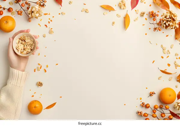 Autumn Flat Lay with Cereal, Oranges and Leaves