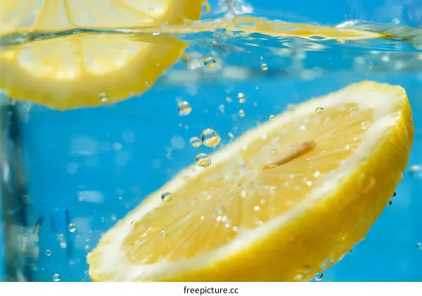 Lemon Slices Floating in Clear Blue Water with Bubbles
