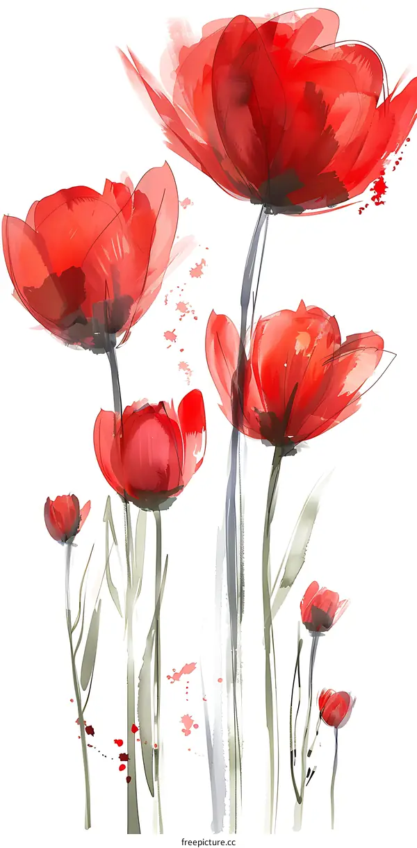 Watercolor Painting of Red Flowers on White Background