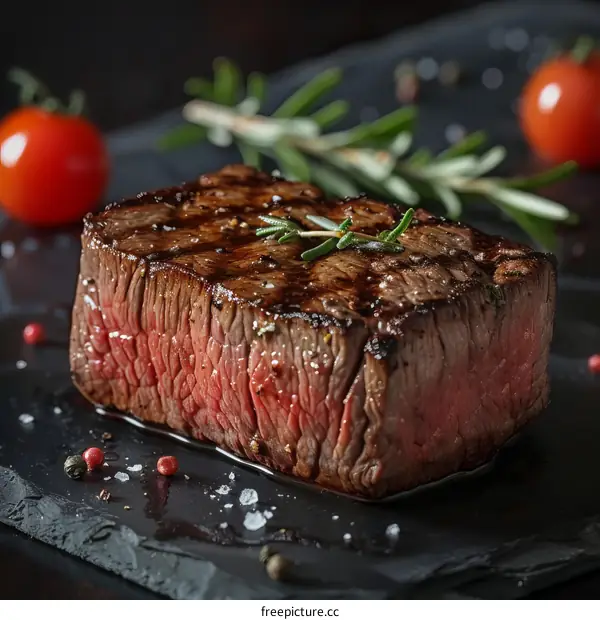 A delicious juicy steak on a black plate
