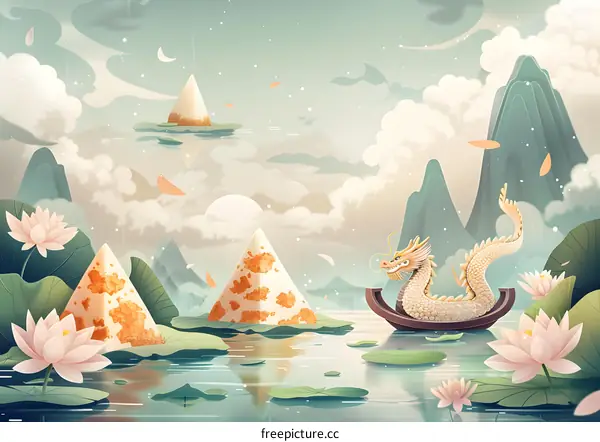 Dragon Boat Festival with rice dumplings and dragon boat