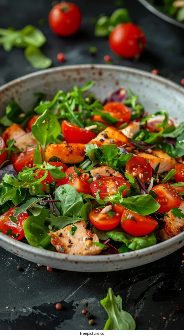 Ensalada de pollo a la parrilla con tomate y vegetales