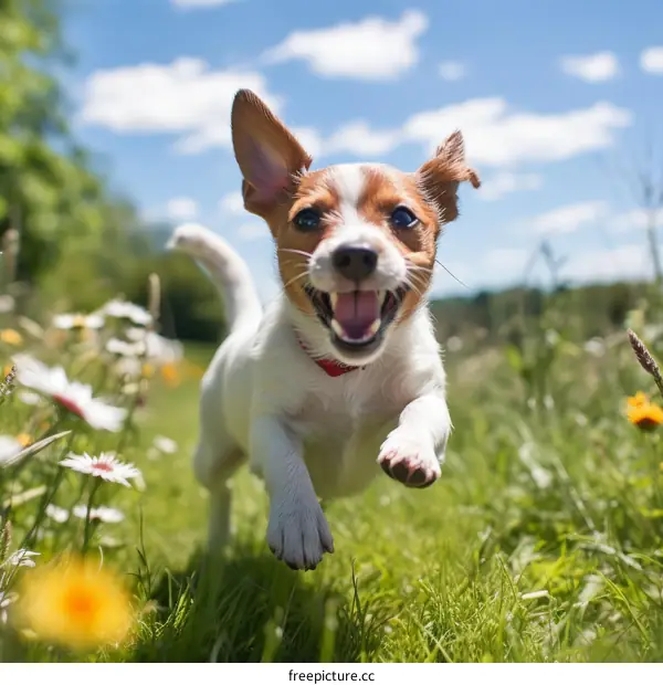 Small dog running in a green field with flowers